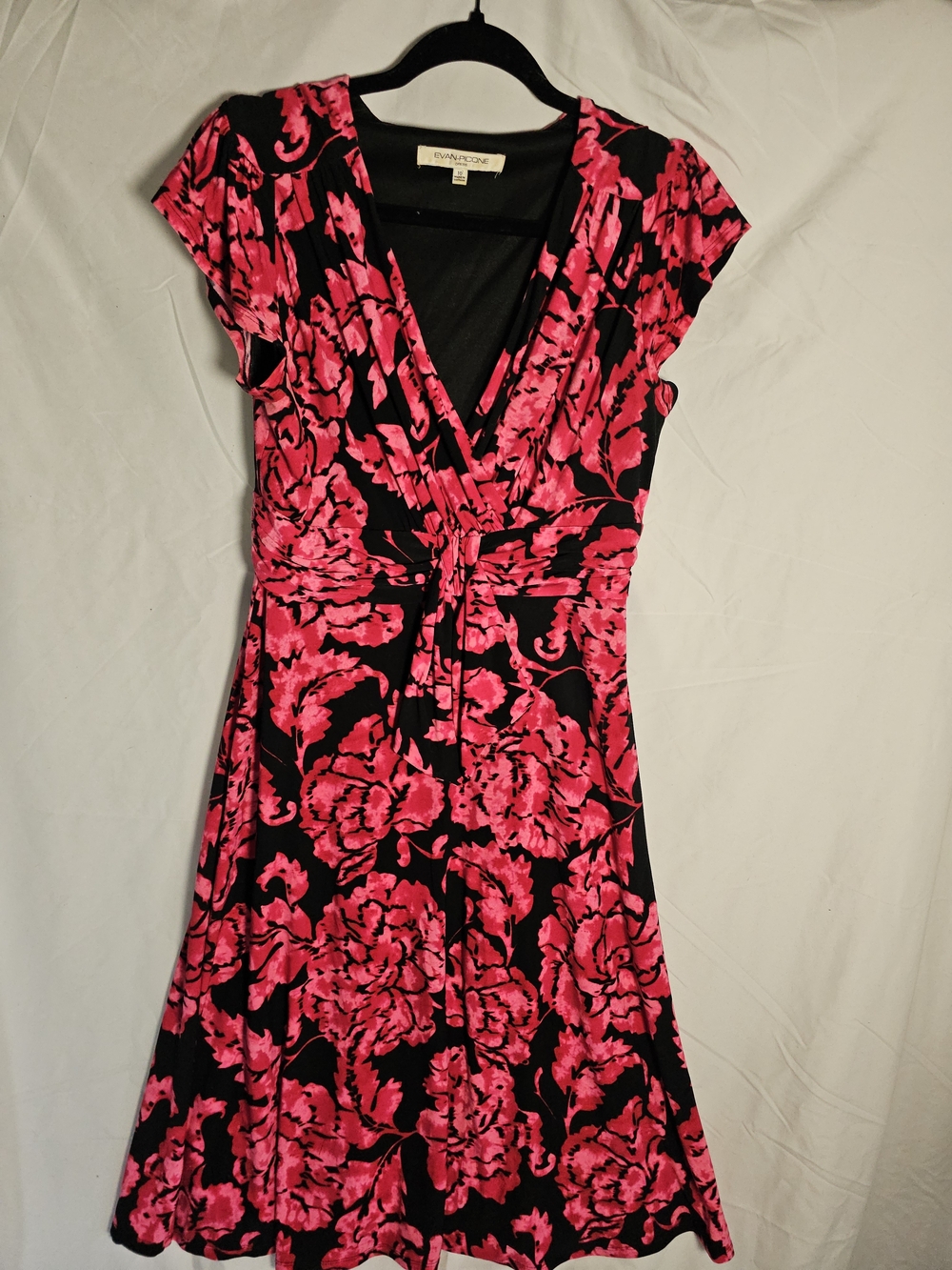 Evan Picone Black and Pink Floral Surplice Midi Dress